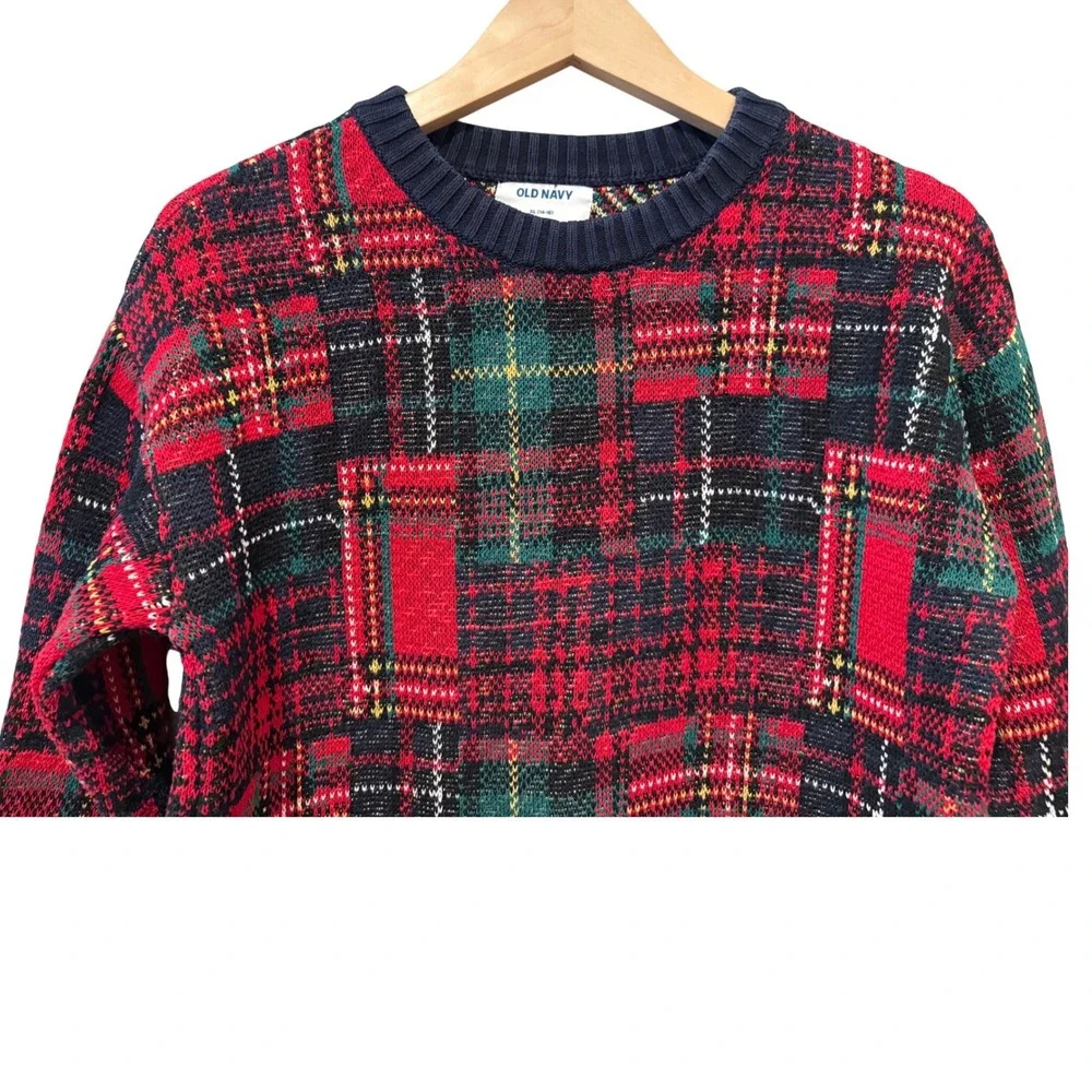 Old Navy Kids XL 14-16 Festive Crew Neck Plaid Sweater Red Green